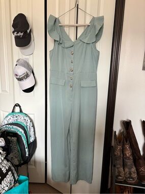 SHEIN Sage Green Button-Front Ruffle Shoulder Jumpsuit